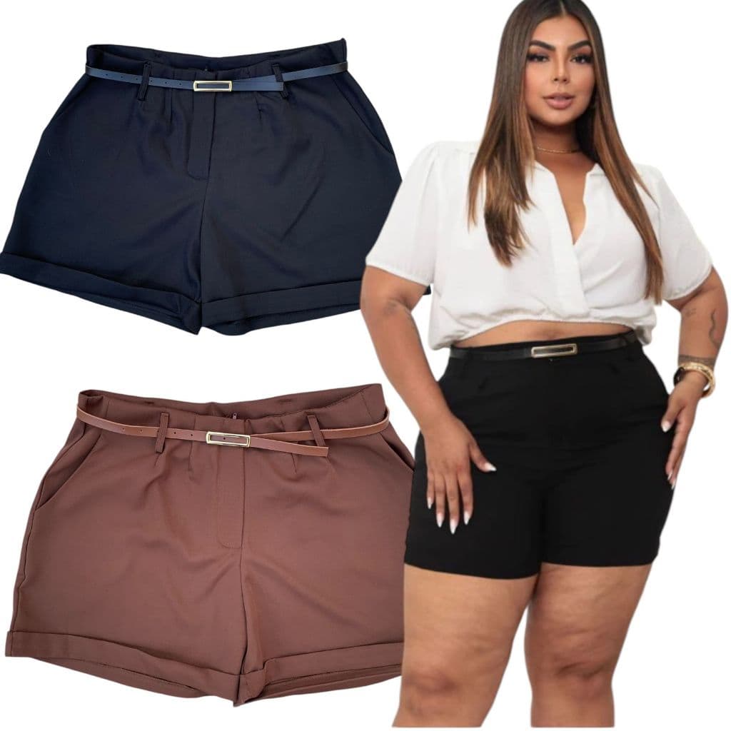 Kit 2 Short Alfaiataria Premium Plus Size Com Bolso e Cinto de Brinde Elegante Shorts Moda Feminina Plus Verao