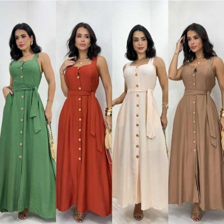 Vestido mídi Longo Feminino Elegante com Cinto e Botões Frontais | Decote Quadrado | Moda Casual  com  bolso