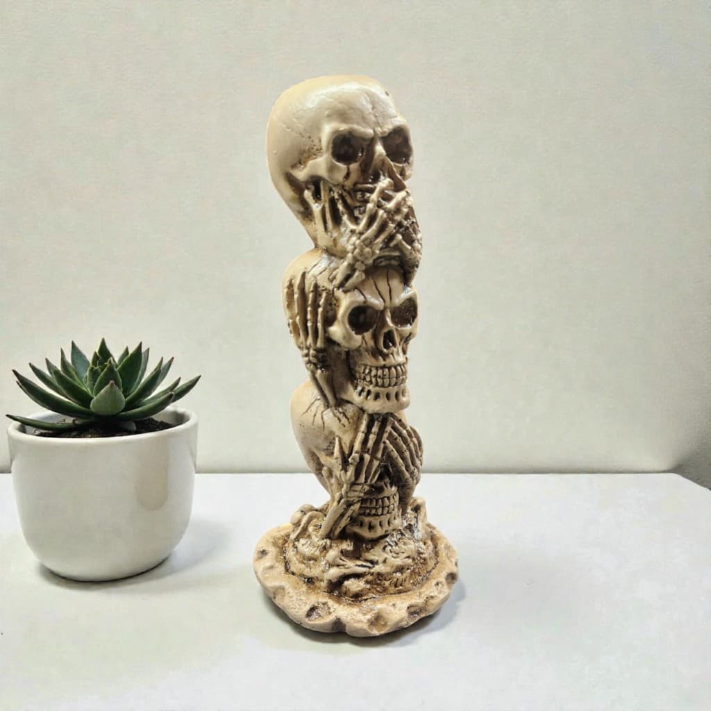 Caveiras Sabias Sega Surda Muda Estilo Totem Decoração Resina Enfeite Terror