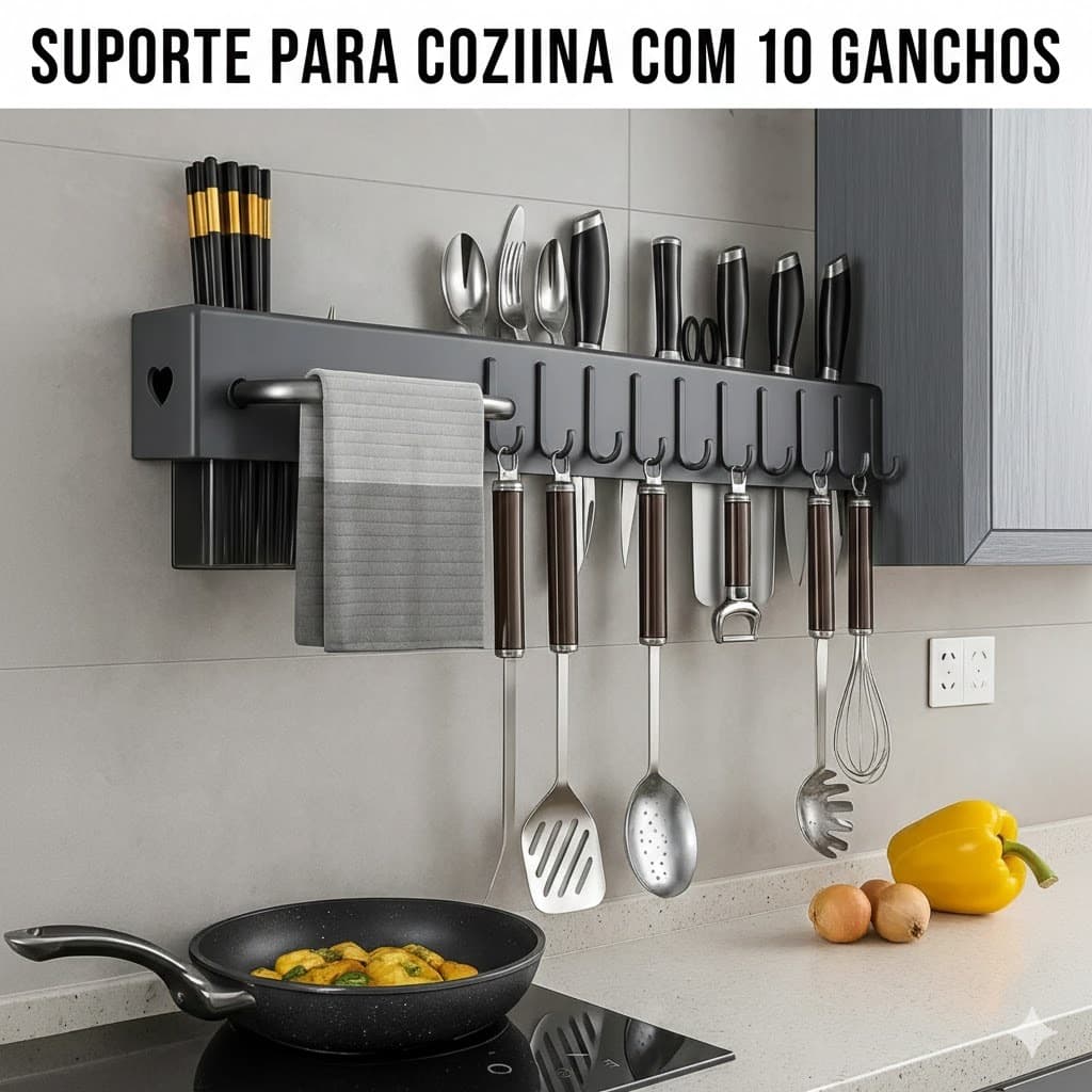 Suporte Organizador Utensilios Cozinha 10 Ganchos Armazenamento Pratico Cinza