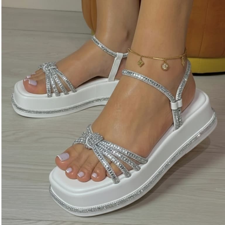 Sandália Feminina Flat Nó Papete Salto Baixo Plataforma Tamanco Rasteirinha Chinelo Brilho Strass Confortavel Festa Leve