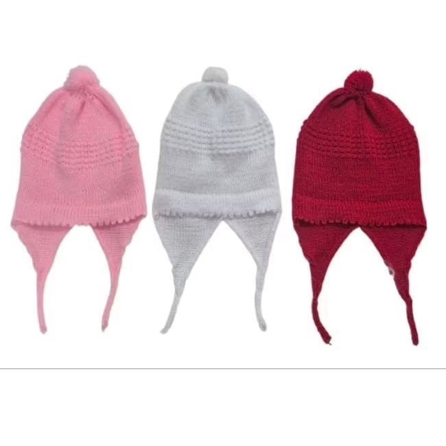 Kit 3 toucas de lã amarrar no pescoço pra bebê RN feminino