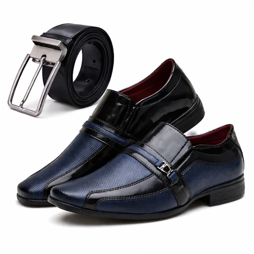Sapato Social Masculino Preto Com Azul Modelo Italiano 107 + Cinto Social Dupla Face