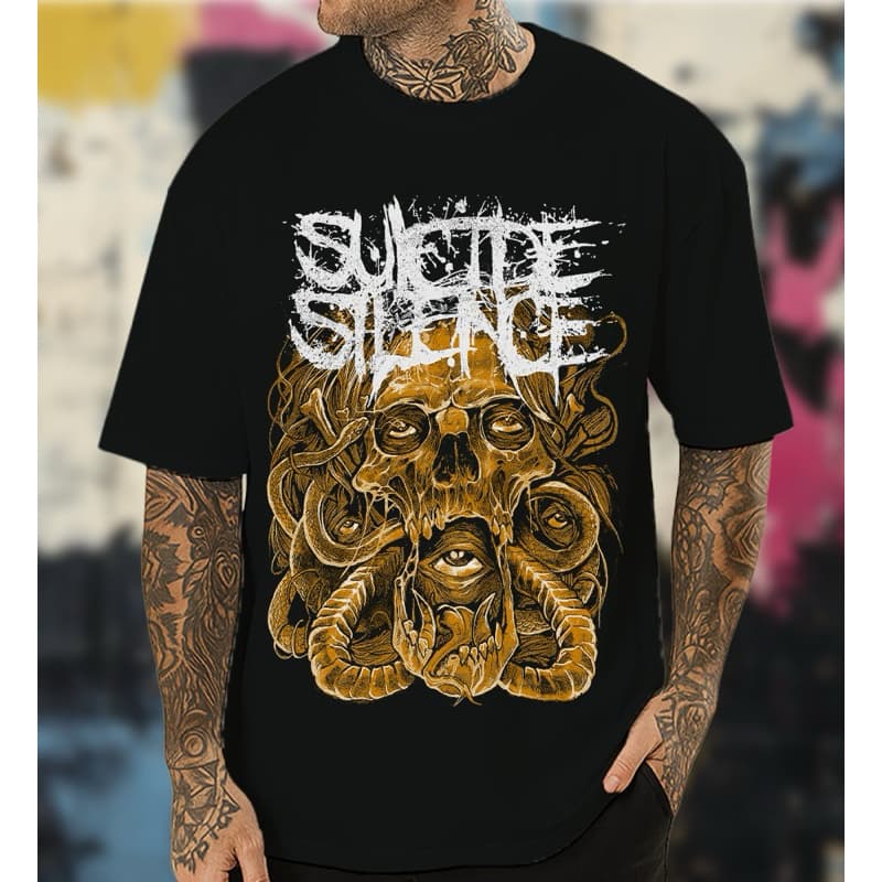 Camiseta Preta Unissex Estampa Suicide Silence Rock Metal Deathcore Caveira
