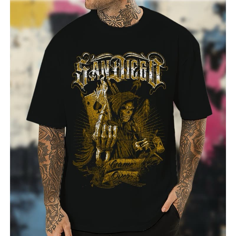 Camiseta Preta Unissex Estampa Death Gamer Caveira Cartas Estilo Dark