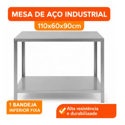 Mesa de Aço Industrial 110x60x90 cm – Com 1 Bandeja Inferior