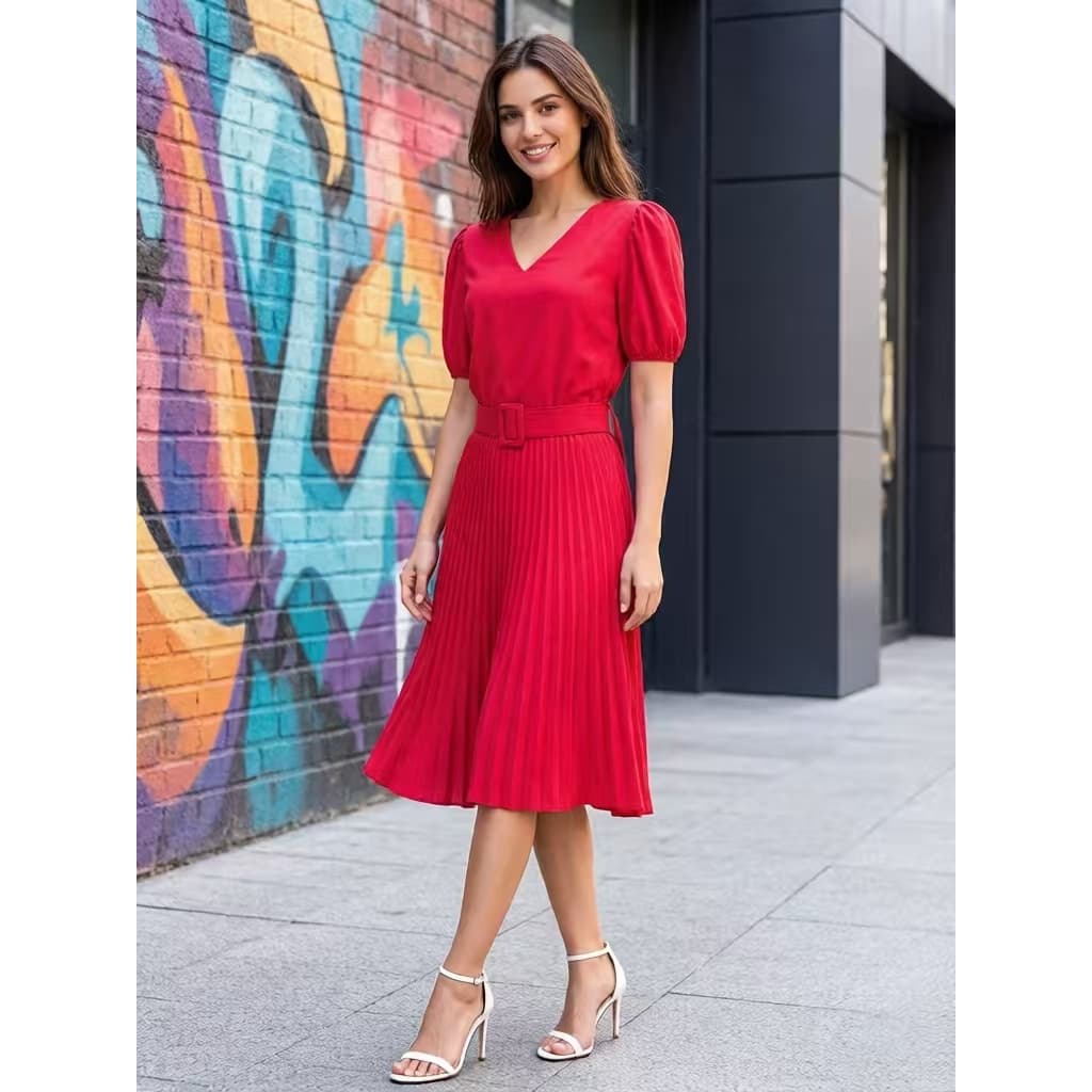 Vestido Plissada Lisa Midi Rodado Moda Evangelic Com Cinto-003