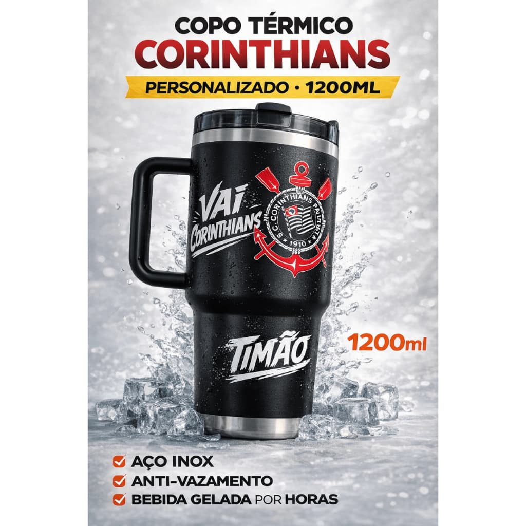 Copo Térmico Inox Corinthians 1200ml Aço Inox com Tampa e Alça