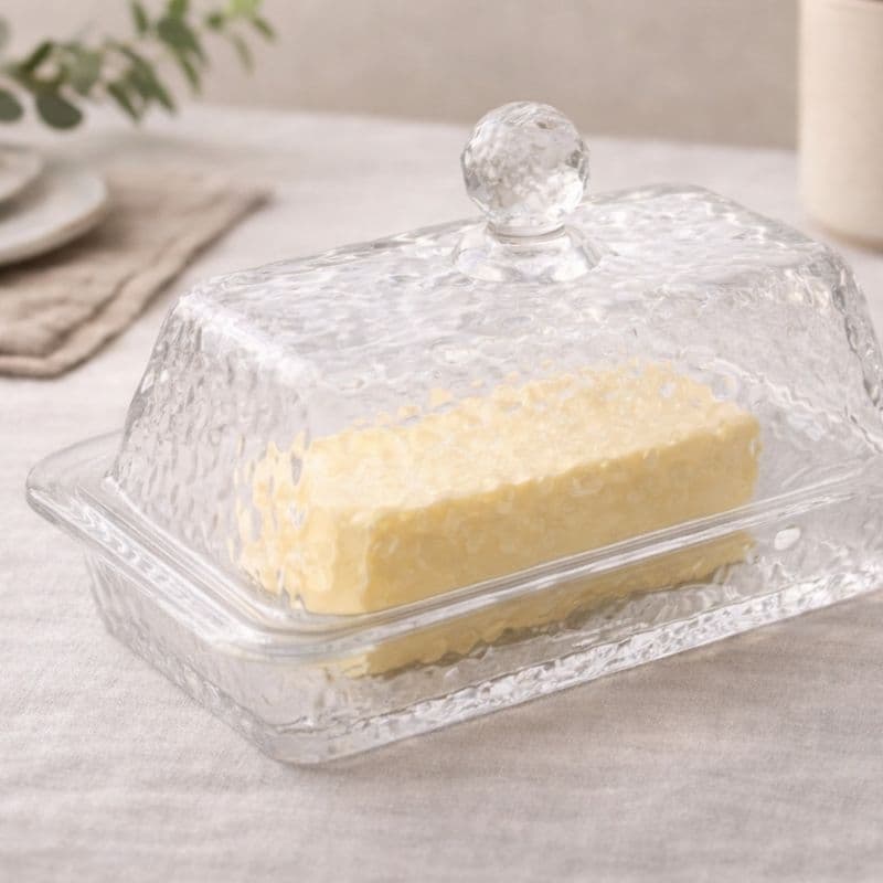 Manteigueira de Cristal Martelado com Tampa Petra 17cm | Manteigueira para Mesa Posta – Lyor