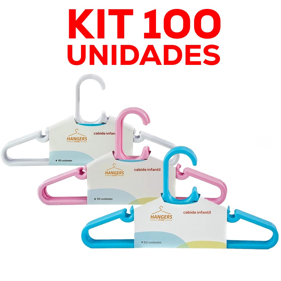100 Cabides Infantil Reforçados para Organização de Roupas do bebe. Kit azul/rosa/branco