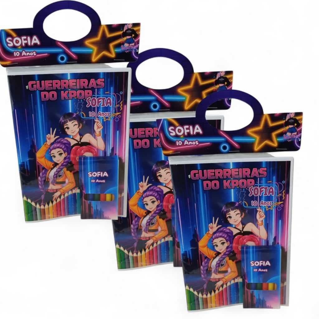 Kit Revistinha Livrinho de Colorir e Giz de Cera Personalizados - FESTA E LEMBRANCINHAS- GUERREIRAS DO KPOP  K POP