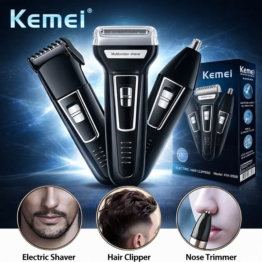 Barbeador Aparador Máquina de Cortar Cabelo Corte Barbear Kemei 3 em 1