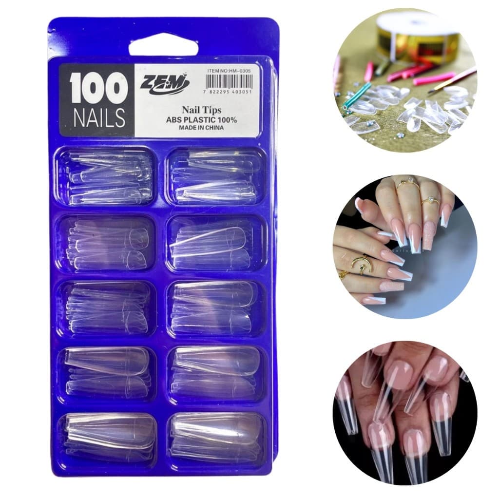 Kit 100 Tips Unhas Postiças Bailarina e Coffin – Transparente/Leitosa | Com ou Sem Cola Tek Bond 20g