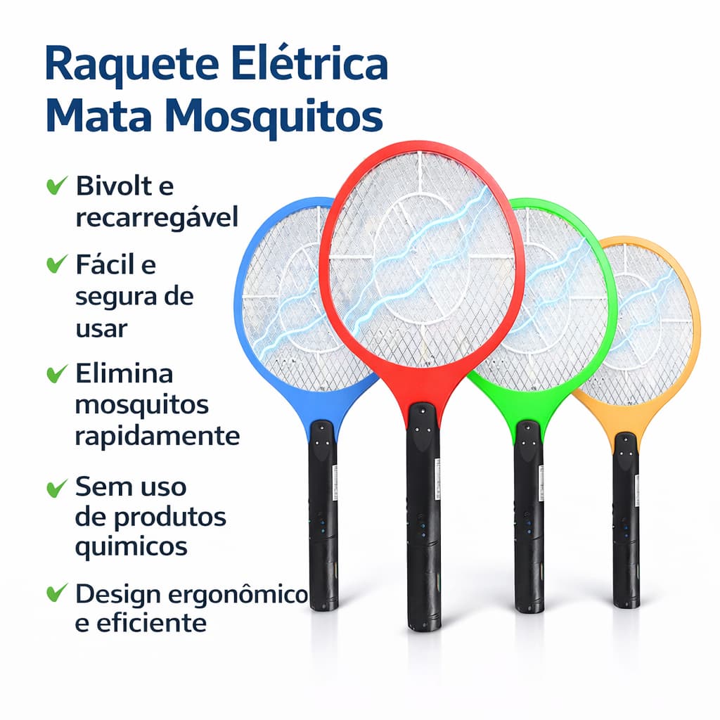 Raquete Elétrica Mata Mosquito Recarregável Bivolt Portátil Mata Pernilongo Sem Veneno