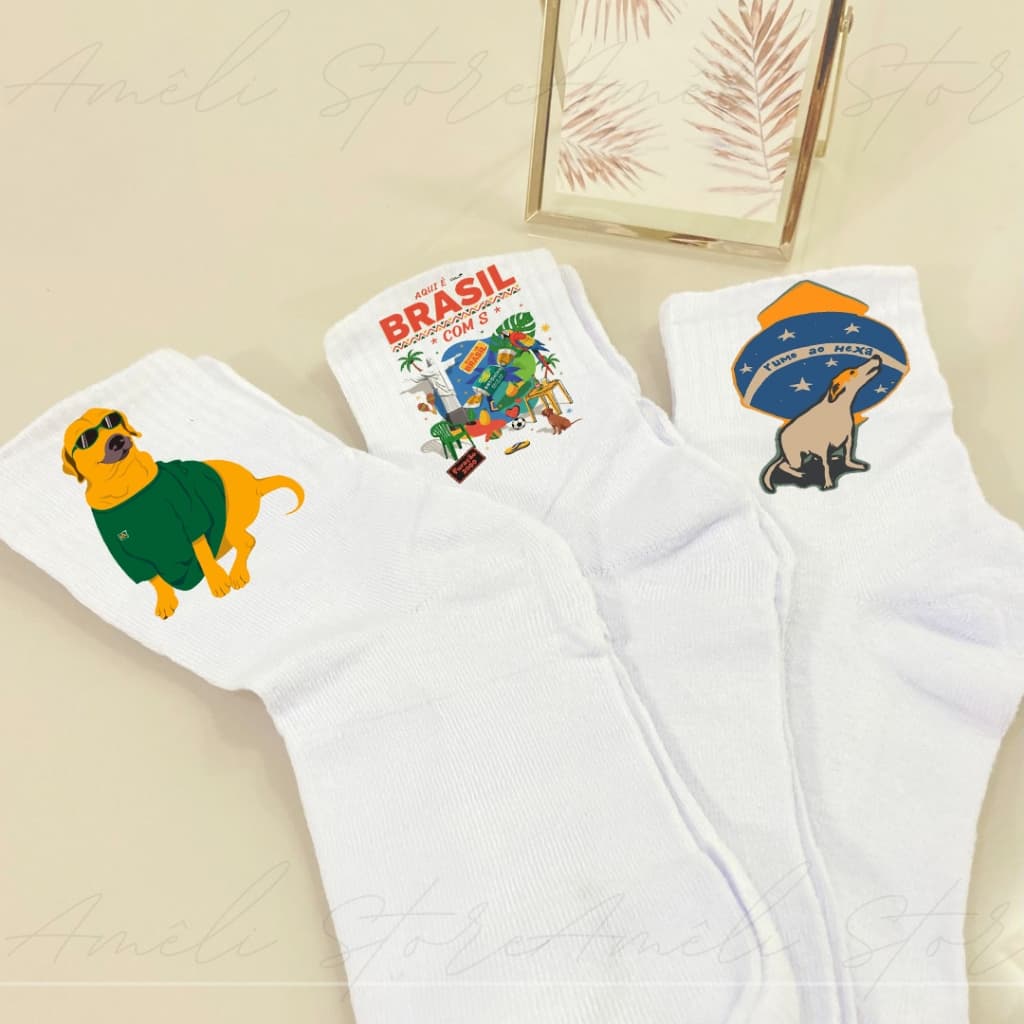 Meia Personalizada Cachorro Caramelo Brasil Kit 03un de Meia Branca Cano Alto