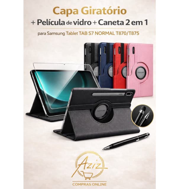 Kit 3 em 1 para Samsung Tab S7 11” (T870/T875) – Capa Giratória 360° Premium + Película de Vidro 9H + Caneta 2 em 1