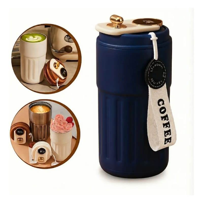 Copo Térmico De Café Com Termômetro Digital De 450ml / *Gravação a laser grátis azul e preto*