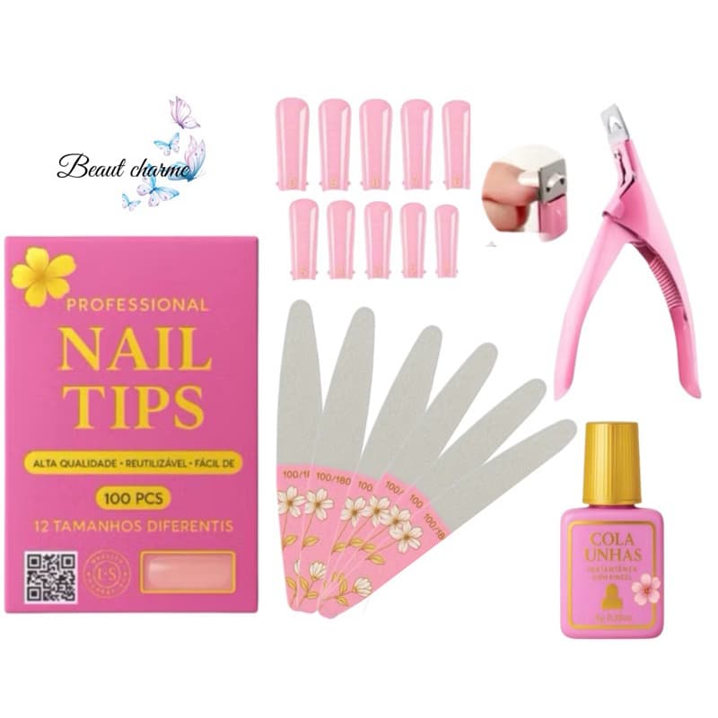 Kit Manicure Alongamento 100 Unhas Tips Postiça Curva C Transparente + Alicate Cortador de Tips + 1un Lixa + Cola Pincel