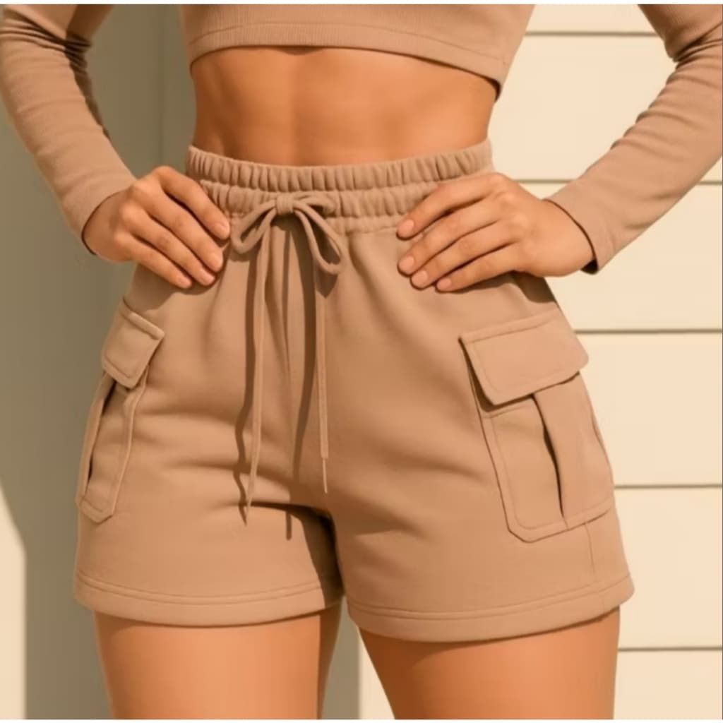 Shorts Cargo Feminina Moletom Algodão – Cintura Elástica Confortável cintura Alta ENVIO IMEDIATO !!!