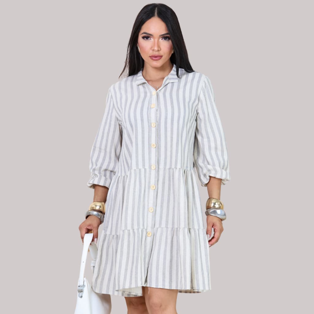 Vestido Curto Feminino Elegante Manga 3/4 Tecido Linho Premium