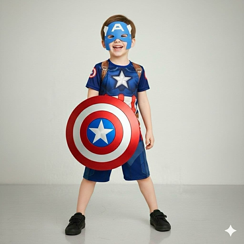 Fantasia Infantil Do Capitão América Menino Com Escudo E Mascara Herói
