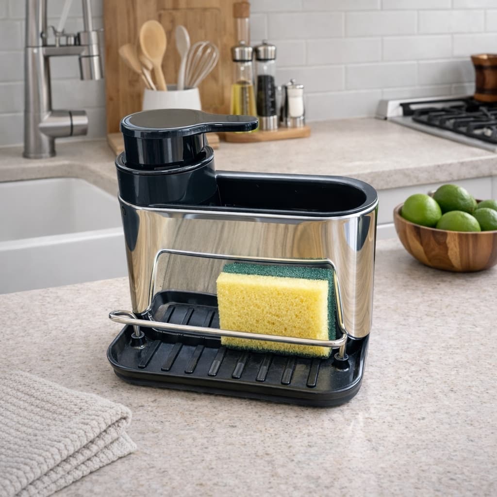 Dispenser Detergente Inox com Suporte para Esponja. Porta detergente inox, com válvula dosadora, bancada cozinha.
