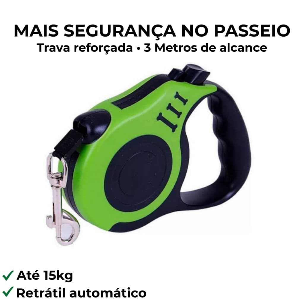 Coleira Retrátil para Cães 3m com Trava de Segurança Até 15kg Guia Pet Resistente Passeio