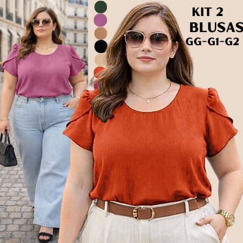 KIT 2 BLUSA FEMININA PLUS SIZE MODA ELEGANTE SOCIAL VERÃO BLUSAS FEMININAS BASICAS GRANDE BLUSINHA FEMININO TECIDO DUNA