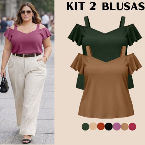 BLUSA PLUS SIZE FEMININA KIT 2 BLUSAS SOCIAL MODERNA CONFORTÁVEL BLUSINHA FEMININAS BARATO FRESQUINHA MODA VERÃO ELEGANT
