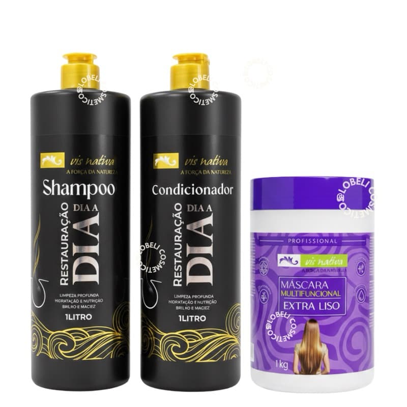 Kit Shampoo Condicionador e Máscara 1kg Vis Nativa Restauração Dia a Dia - Brilho, Maciez e Efeito Liso