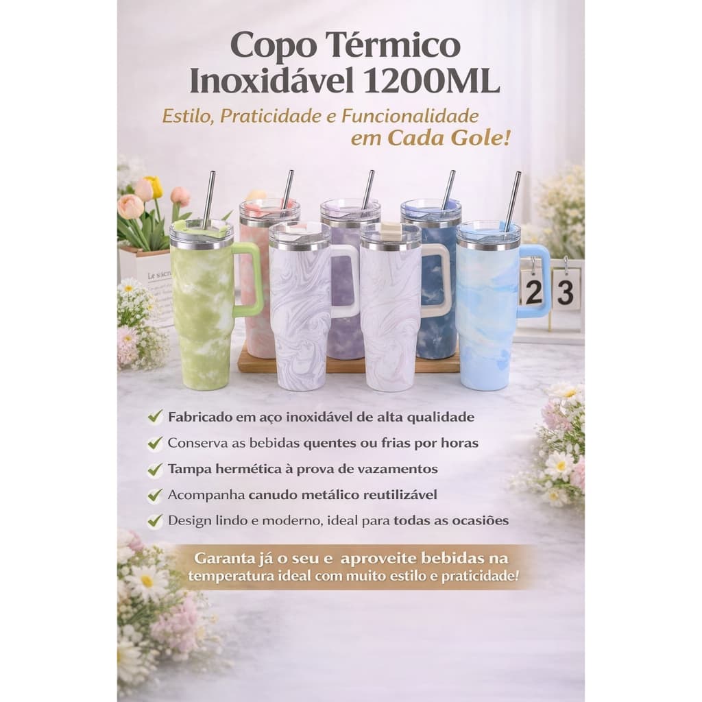 Copo Térmico Nuvens E Marmare Em   Aço Inox 1200 Ml Com Alça