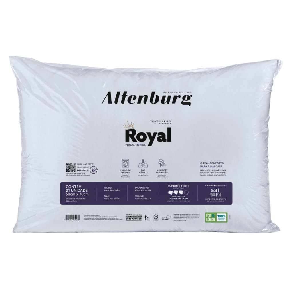 Travesseiro Royal 50x70cm Altenburg Tecido Percal 180 Fios Original