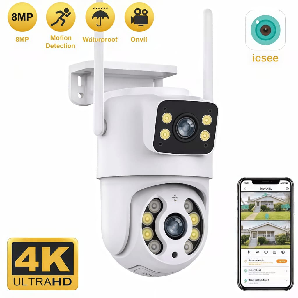 Câmera De Segurança Lente Dupla ICSEE IP66 Wi-Fi 360° Sensor Movimento Visão Noturna 2 em 1 Fixa + Giratória FLUX