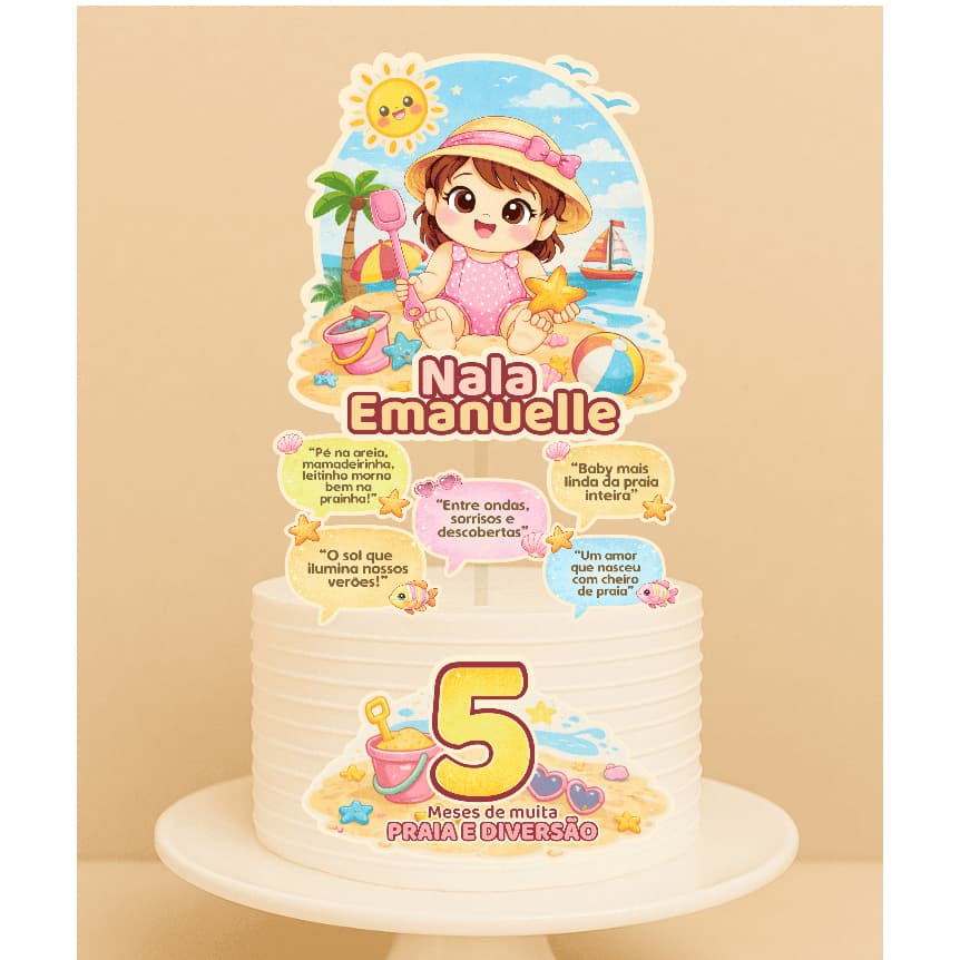 Topo de Bolo Mesversário Praia Baby | Topo de Bolo Infantil Personalizado