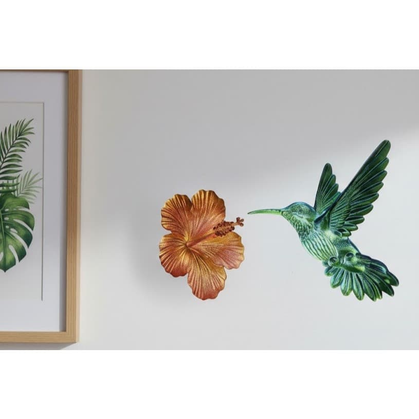Kit Decoração Parede Beija-Flor + Hibisco 3D Metalizado Brilho Seda
