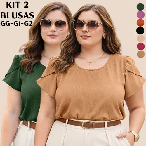 KIT 2 BLUSA PLUS SIZE FEMININA MODERNA ELEGANTE SOCIAL ESTILOSO BLUSAS FEMININAS MODA MODESTA EVANGELICA BLUSINHA VERÃO
