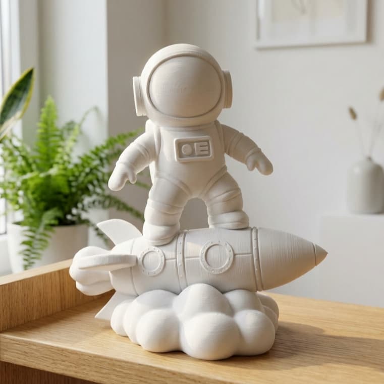 Escultura Decorativa Astronauta Surfando em Foguete – Decoração Espacial Moderna para Casa e Escritório