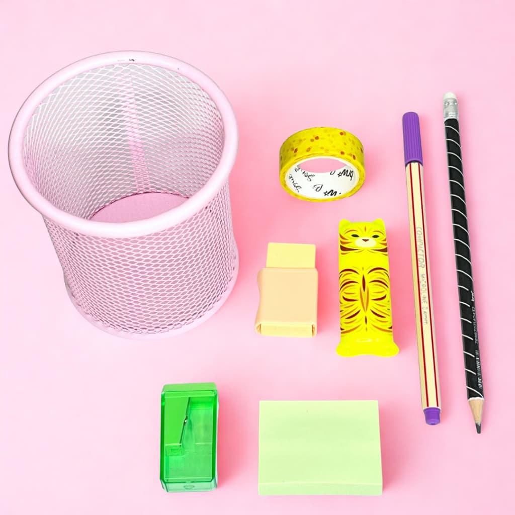 🌸 Kit Papelaria Completo 8 Itens Funcionais + Porta-Canetas Rosa | Prático e Fofo