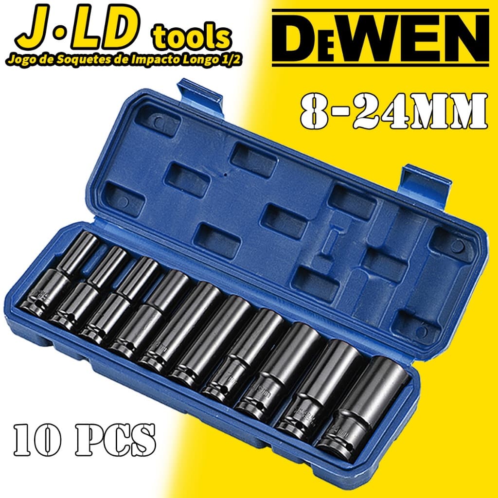 Jogo de Soquetes de Impacto Longo 1/2 10 Peças 8-24mm Aço Cromovandio Alta Resistência Design
