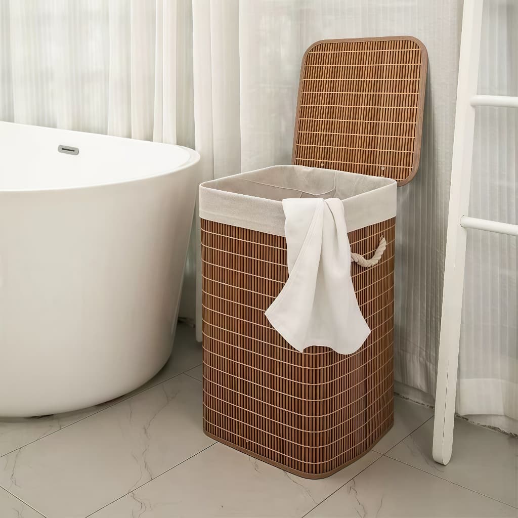 Cesto de roupa suja dobrável de bambu com 60 litros Cesto de armazenamento para casa de banho com forro Cesto de roupa s