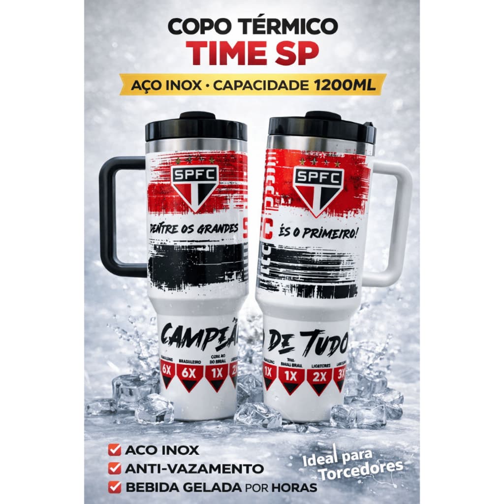 Copo Térmico Time São Paulo 1200ml Aço Inox com Tampa e Alça