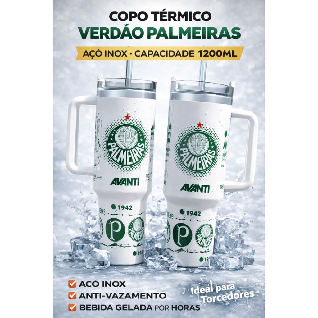Copo Térmico Palmeiras 1200ml Aço Inox com Tampa e Alça