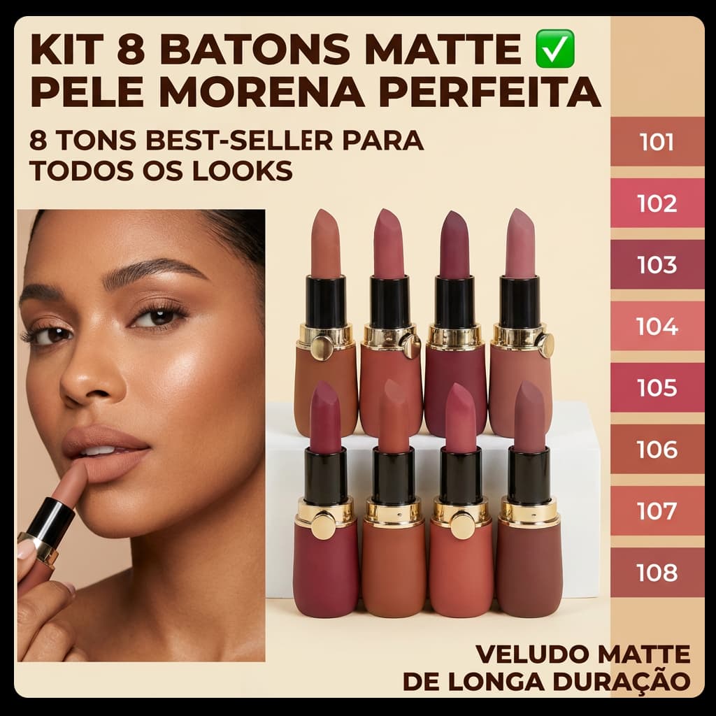 Kit Batom Mate Feminino - Aveludado, Longa Duração à Prova D'água, Vermelho e Nu