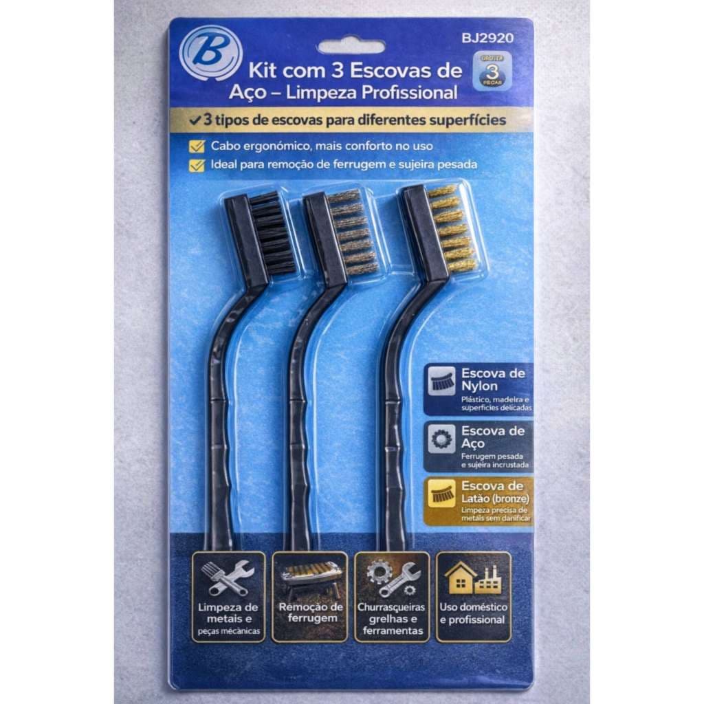 Kit com 3 Escovas de Aço Nylon Latão Para Limpeza Ferrugem BJ2920Cada uma tem 18 cm de comprimento.
