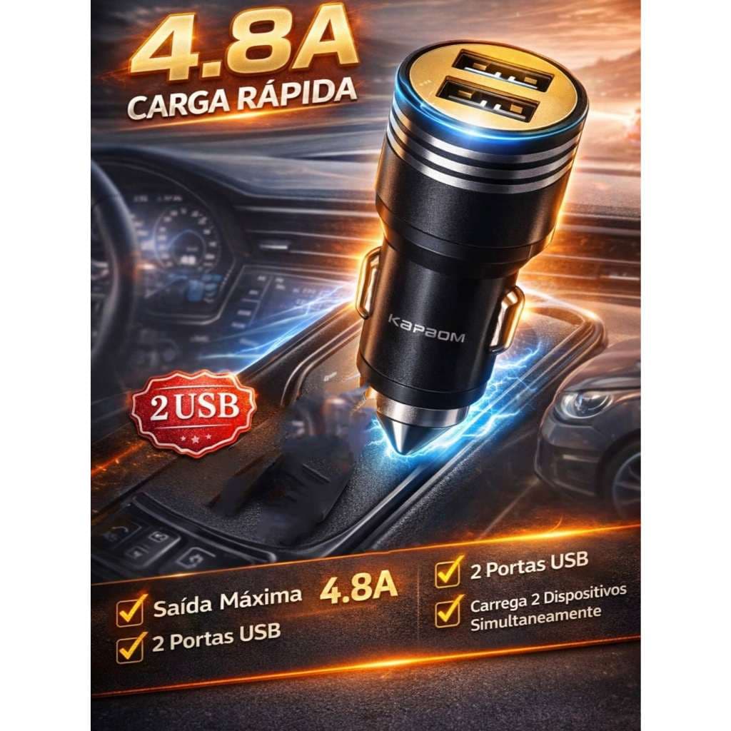 Carregador Veicular KAPBOM 4.8A 2 Portas USB Carga Rápida KA-5020