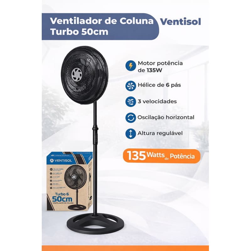 ventilador de coluna 50cm 6 hélice turbo ventisol