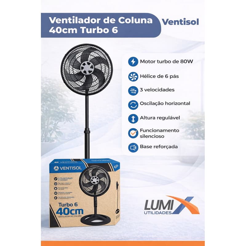 VENTILADOR COLUNA TURBO 40cm  OSC VENTISOL 80w silencioso
