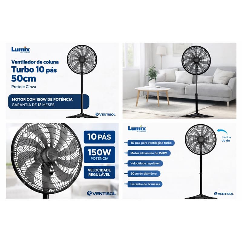 Ventilador de Coluna Turbo 10P 50cm Preto/Cinza 220 V