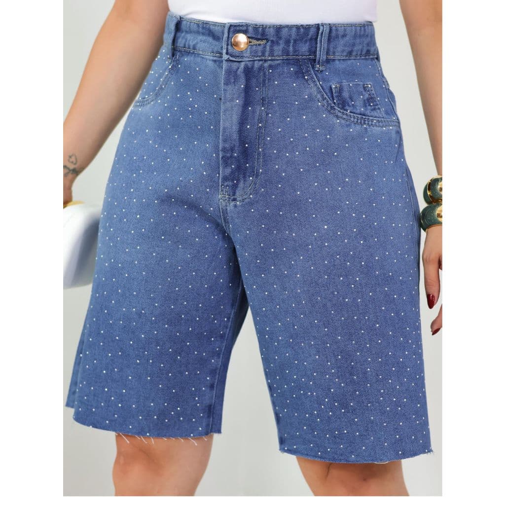 Bermuda Jeans Feminina Cintura Alta Strass Casual Verão