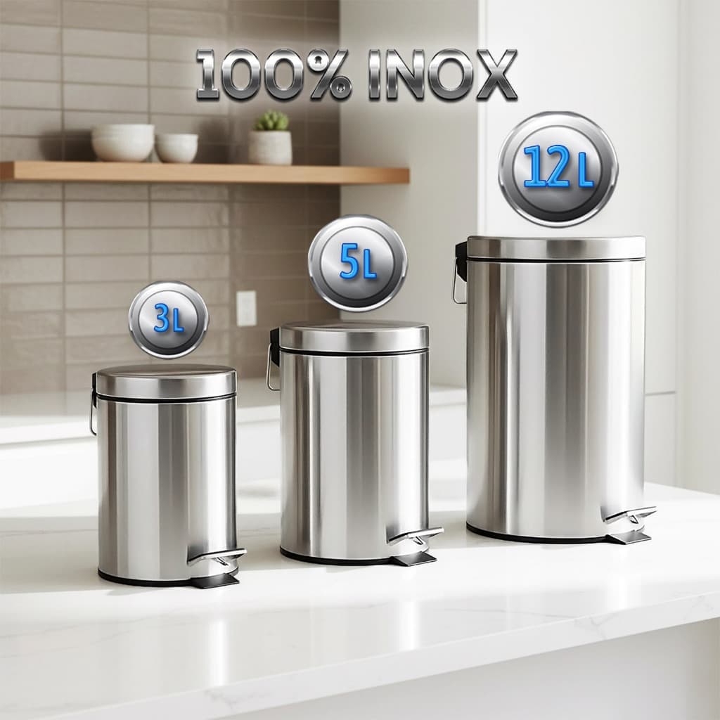 Lixeira Redonda Aço Inox Não Enferruja com tampa e pedal Balde cesto interno Removível